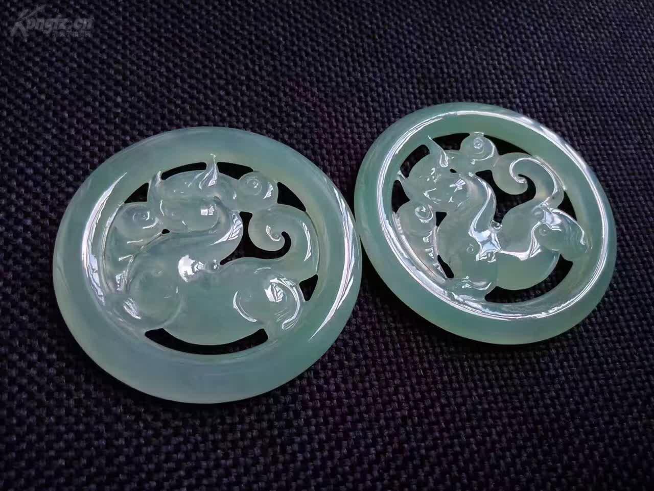 珍品翡翠 冰种晴水绿貔貅对牌，一枚一世界